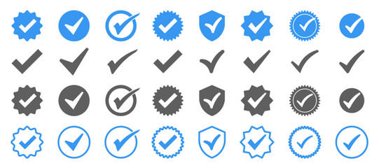 Set of blue certificate symbol. Check icon in star and shield