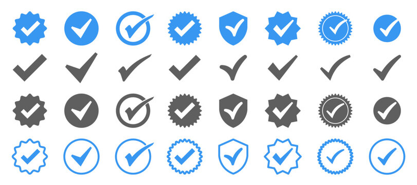 Set of blue certificate symbol. Check icon in star and shield