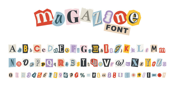Naklejka Magazine collage vector alphabet in trendy style. Color letters, numbers and punctuation marks cut from newspapers. Criminal, anonymous or detective font. Vintage elements for your design.