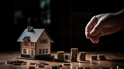 small houses and stacks of coins stand on a paper contract, mortgage and real estate insurance. Generative AI