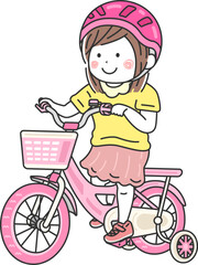 補助輪付きの、ピンク色の自転車に乗った、女の子のイラスト
