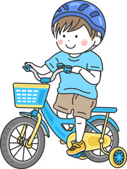 補助輪付きの、水色の自転車に乗った、男の子のイラスト