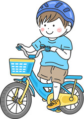 キッズ用の、水色の自転車に乗った、男の子のイラスト