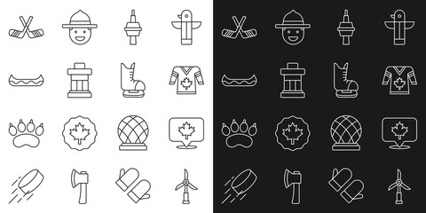 Set line Wind turbine, Canadian maple leaf, Hockey jersey, TV CN Tower Toronto, Inukshuk, Kayak, Ice hockey sticks and Skates icon. Vector