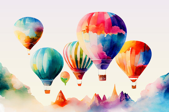 watercolor illustration of colorful hot air balloons in the sky. Generative AI