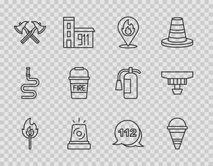 Set line Burning match with fire, Fire cone bucket, Location flame, Flasher siren, Firefighter axe, Emergency call and Smoke alarm system icon. Vector