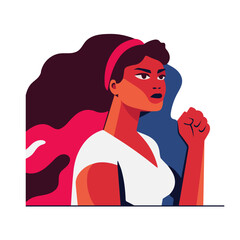 Young woman character with a raised fist. The concept feminism and women rights