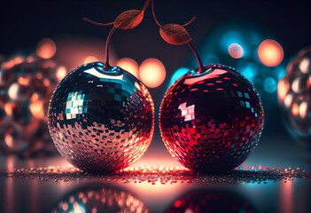 Decorate disco balls like cherries. The concept of minimal entertainment. Flat lai. Generative AI