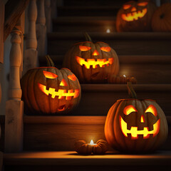 Traditional autumn scene with jack o'lantern pumpkins on old wooden stairs with candles inside the pumpkins, AI generative.
