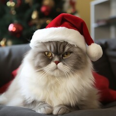A cat in a Santa Claus hat is waiting for the New Year and Christmas, Generative AI