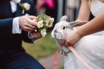 a rabbit at a wedding with flowers came to congratulate the bride and groom. A wedding ceremony and many people around, Generative AI