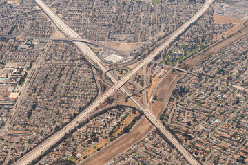 Aerial view of the interchange of the I-5 Santa Ana Freeway and the I-605 San Gabriel Freeway with...