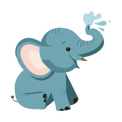 Cute cartoon elephant splashing water from his trunk. Little thick-skinned elephant playing with water. Vector. White background. 