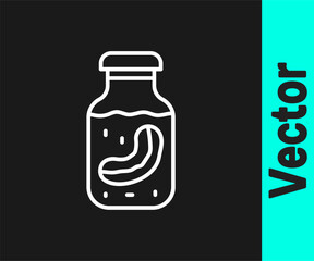 White line Sea cucumber in jar icon isolated on black background. Marine food. Vector