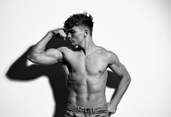 Fototapeta premium man caucasian naked young person jeans muscular shirtless white athlete strong torso