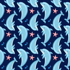 Naklejka premium Seamless pattern with cute cartoon dolphins and starfish. Vector illustration. Cartoon style, blue background. For printing, design, wallpaper, decor, textiles and packaging
