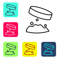 Black line Giant magnet holding iron dust icon isolated on white background. Set icons in color square buttons. Vector