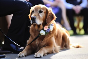 a dog at a wedding with flowers came to congratulate the bride and groom. A wedding ceremony and many people around, Generative AI