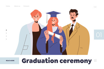 Graduation ceremony landing page design template with parents congratulating child with diploma