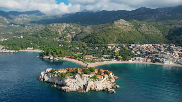 4k aerial footage of sveti stefan, one of the famous spots in montenegro