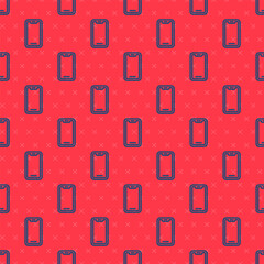 Obraz na płótnie Canvas Blue line Smartphone, mobile phone icon isolated seamless pattern on red background. Vector
