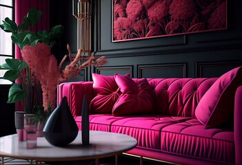 Luxury and modern living room interior, comfortable sofa, Luxury lounge or reception, fuchsia pink. Generative AI - obrazy, fototapety, plakaty