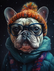 Pug dog in a hat in snowy winter. Generative AI