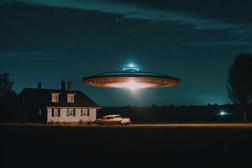 A large flying saucer hovered in the night sky over a farm. UFO invasion. Unidentified object. Generative AI
