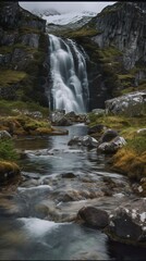 Fototapeta na wymiar Imaginary waterfall in Scandinavia, AI generative image