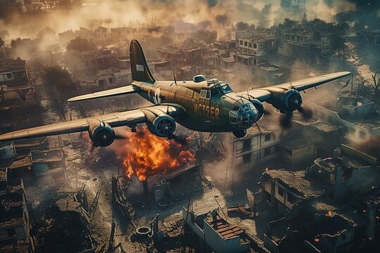 A military bomber plane flies over a destroyed and burning city. Attack on the city. Post-apocalypse. Generative AI
