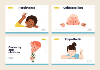 Set of landing page design template with peeping children feeling different positive emotions