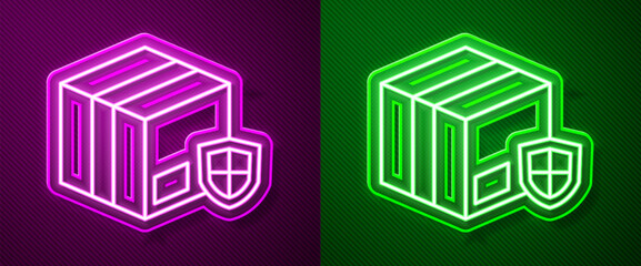 Glowing neon line Delivery security with shield icon isolated on purple and green background. Delivery insurance. Insured cardboard boxes beyond the shield. Vector