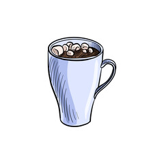 vector drawing sketch of cup cocoa and marshmallow, hand drawn illustration at white background
