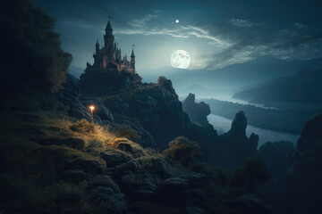 A castle perched atop a rocky crag, shrouded in mist and illuminated by moonlight, with three planets visible in the starry sky. Mystical atmosphere creates a sense of wonder and awe. Generative AI.