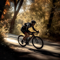 Fototapeta premium Mountain bike cyclist in forest trail, extreme sport, AI generative illustration