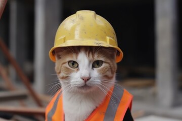 Fototapeta Engineer cat in a work helmet on a construction site. Construction of a large house from cement and building materials, Generative AI obraz