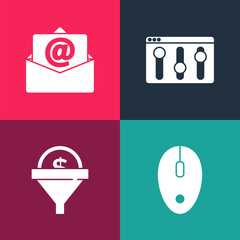 Set pop art Computer mouse, Lead management, Browser setting and Mail and e-mail icon. Vector