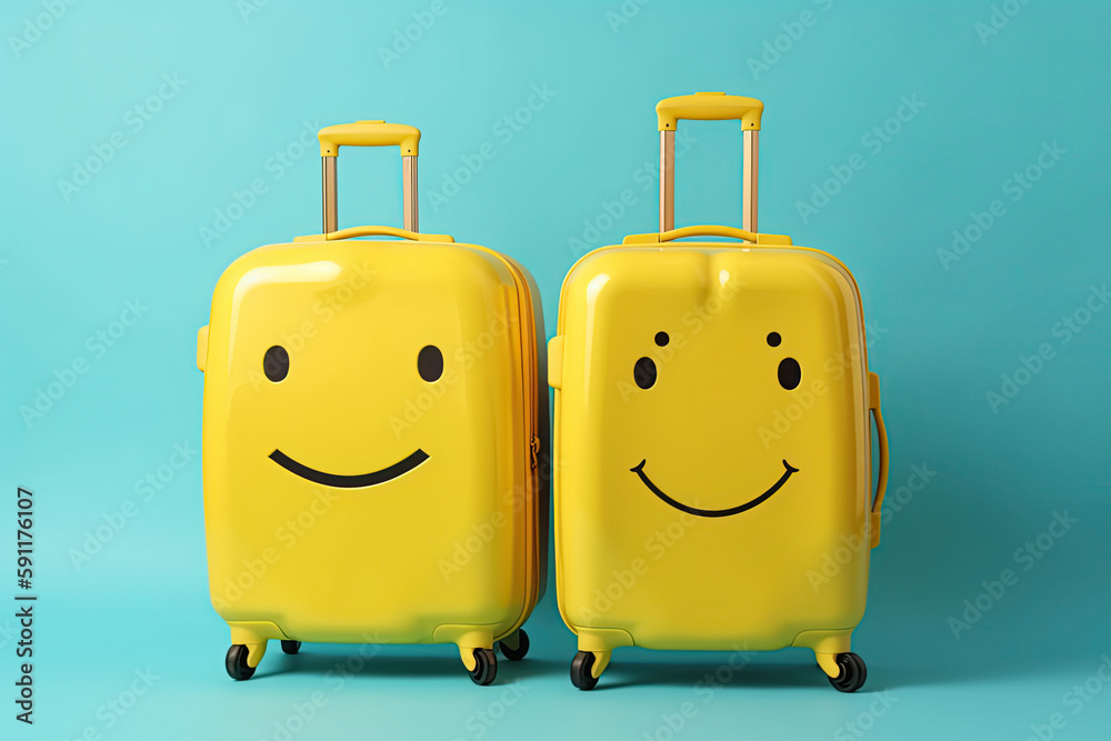 Wall mural set of happy yellow suitcases, generative ai