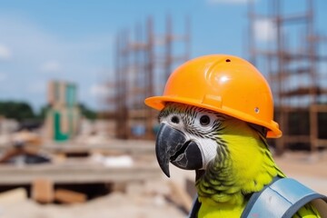 Engineer parrot in a work helmet on a construction site. Construction of a large house from cement and building materials, Generative AI