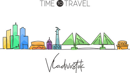 One continuous line drawing Vladivostok city skyline, Russia. Beautiful landmark home decor poster print. World landscape tourism travel vacation. Stylish single line draw design vector illustration