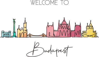 Fototapeta premium One continuous line drawing of Budapest city skyline, Hungary. Beautiful landmark postcard. World landscape tourism travel vacation. Editable stylish stroke single line draw design vector illustration