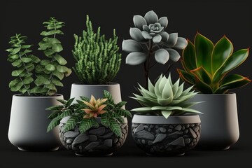 Collection Of Beautiful Plants In Ceramic Pots Isolated On White Background. 3D Rendering. Generative AI