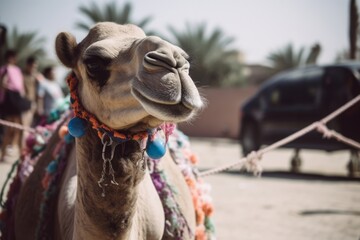 a camel at a wedding with flowers came to congratulate the bride and groom. A wedding ceremony and many people around, Generative AI