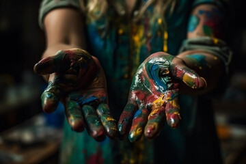 Artist's hand covered with paint, Generative AI