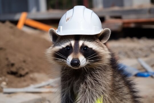 Engineer raccoon in a work helmet on a construction site. Construction of a large house from cement and building materials, Generative AI