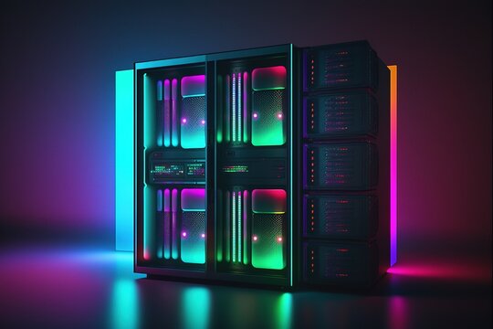 Futuristic neon cyberpunk style server room. Generative AI