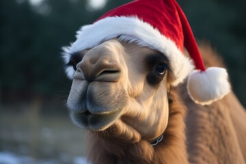 A camel in a Santa Claus hat is waiting for the New Year and Christmas, Generative AI