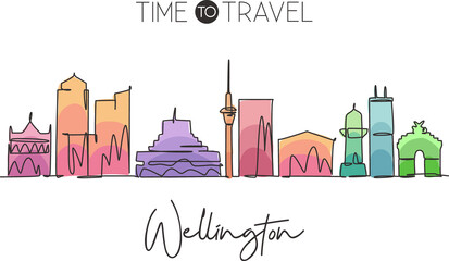 Single continuous line drawing of Wellington city skyline, New Zealand. Famous city scraper landscape. World travel destination concept. Editable stroke modern one line draw design vector illustration