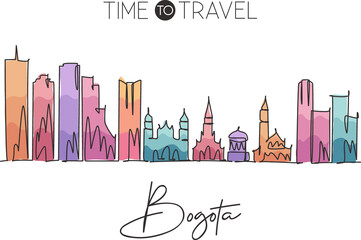 Fototapeta premium Single continuous line drawing Bogota city skyline, Colombia. Famous city scraper landscape postcard. World travel destination concept. Editable stroke modern one line draw design vector illustration
