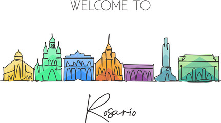 Naklejka premium One single line drawing Rosario city skyline, Argentina. World historical town landscape. Best holiday destination wall decor poster print art. Trendy continuous line draw design vector illustration
